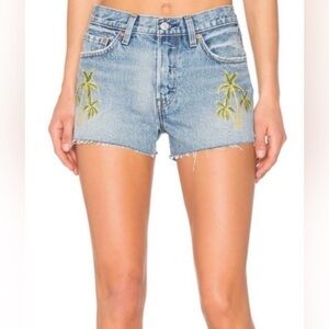 Levi’s 501 High Waisted Button Fly Jean Shorts with Embroidered Palm Tree Sz 29